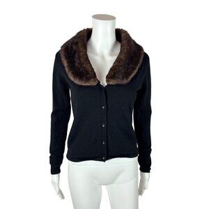 Willi Smith Collection Wool Cardigan Womens Small Brown Fur Collar Black Sweater